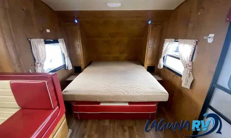 2018 Gulf Stream Vintage Cruiser 23BHS travel trailer for sale at Laguna RV in Colton CA with its Murphy bed in the open position
